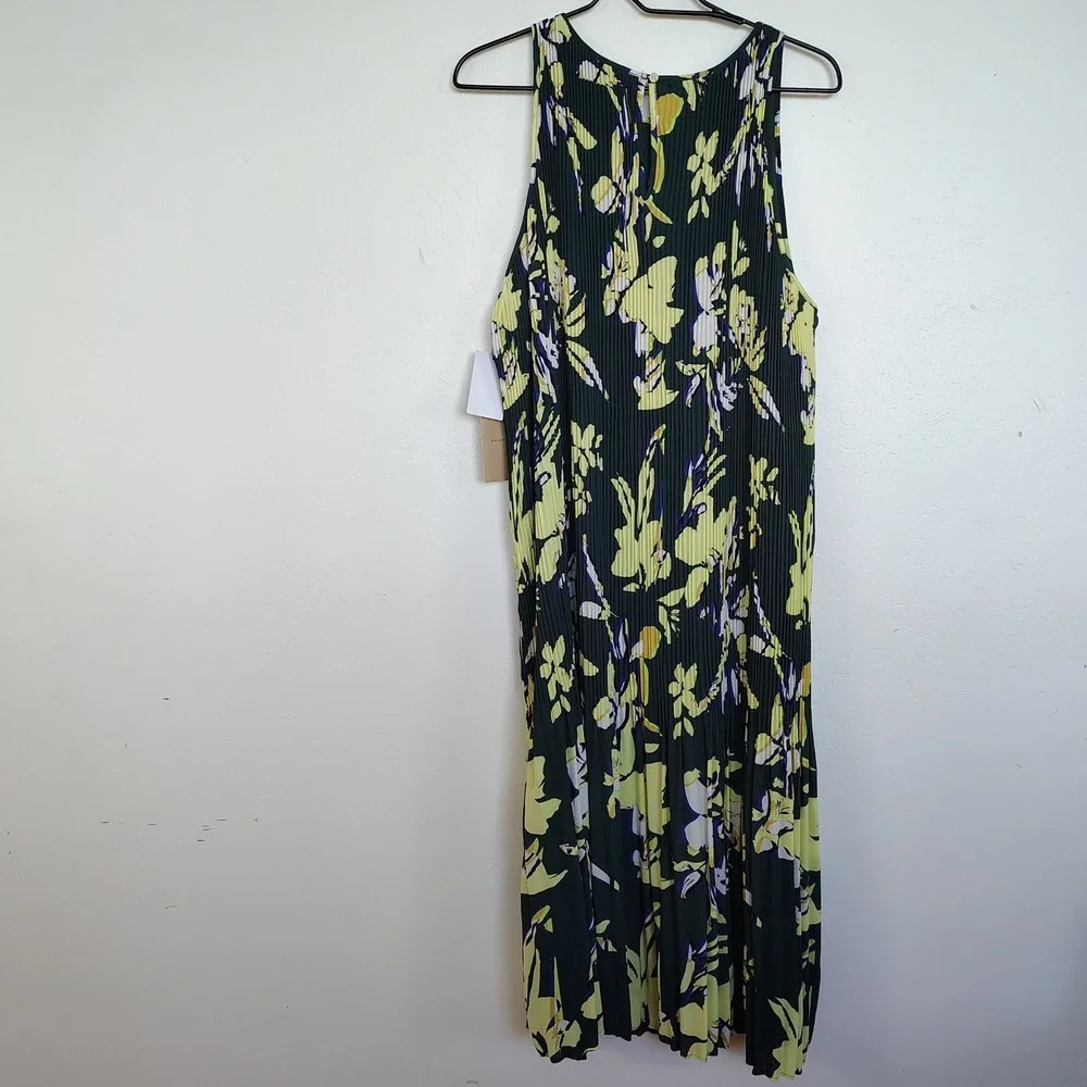 Halogen Green Floral‎ Micro Pleated Sleeveless Midi Dress XL Petite NWT